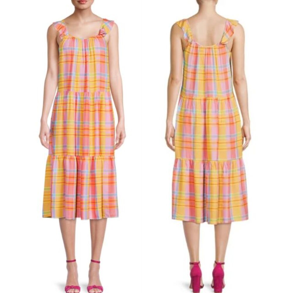 Time and Tru Women's Flutter Sleeve Tiered Plaid Midi Dress Pink Yellow Size L